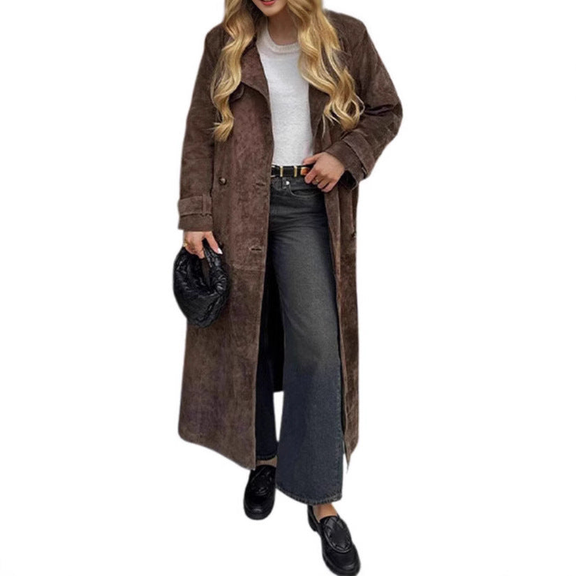 Damen Langer Doppelreihiger Trenchcoat aus Veloursleder-Optik mit Taillengürtel Shop Nory
