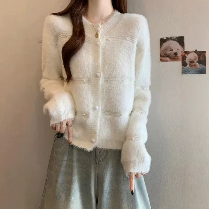 Damen Gemütlicher Strickcardigan mit Perl-Details Shop Nory