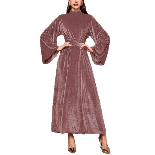 Damen Maxikleid aus Samt mit Stehkragen, weitem Glockenärmel und Taillengürtel Shop Nory