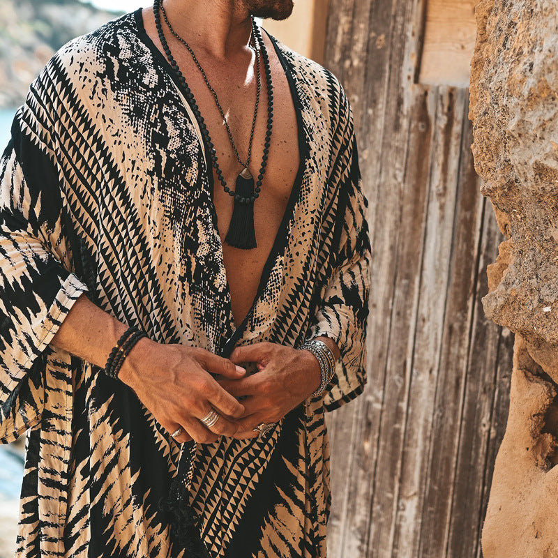 Herren Leichter Ethno-Strandkaftan mit V-Ausschnitt und Fransen Shop Nory
