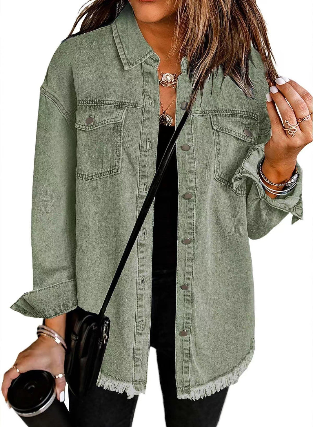 Damen lässiges Denim-Hemd mit fransigen Säumen und praktischen Brusttaschen