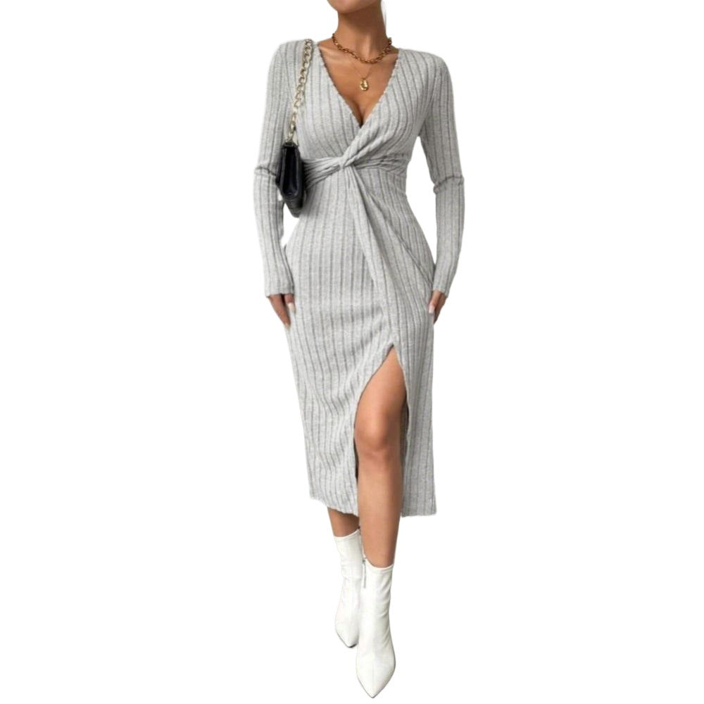Damen geripptes Twist-Midikleid mit V-Ausschnitt, taillierter Silhouette und Frontschlitz Shop Nory