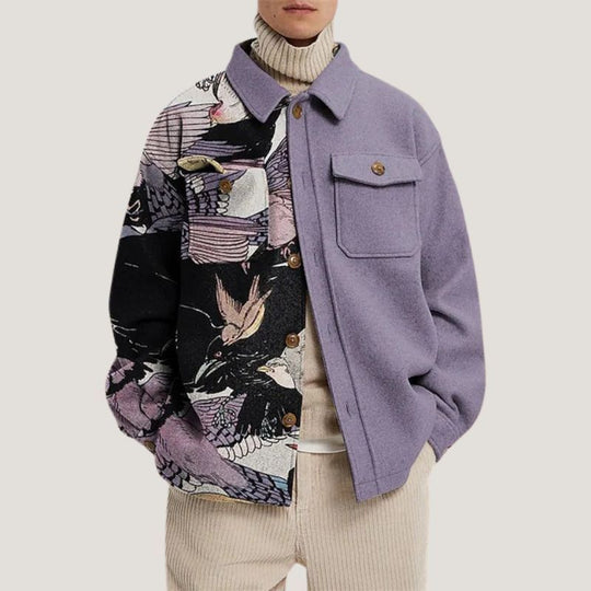Damen Oversized Wolloptik-Überhemd mit asymmetrischem Vogelprint und Pattentasche Shop Nory