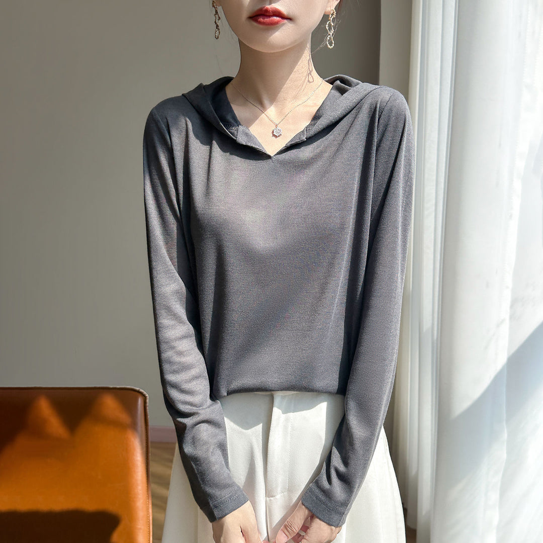 Damen Leichter Kapuzenpullover mit V‑Ausschnitt und feinem Jersey Shop Nory