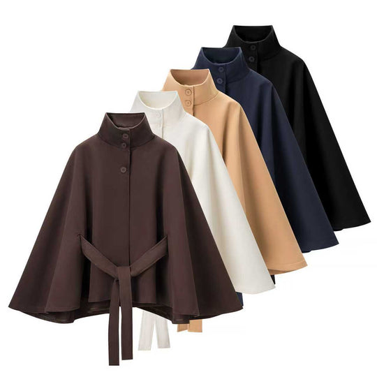Damen Kurzcape mit Stehkragen, verdeckter Knopfleiste und Taillenbindegürtel Shop Nory
