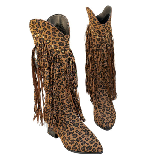 Damen Wadenhohe Wildleder Westernstiefel mit langen Fransen und Ziernieten Shop Nory