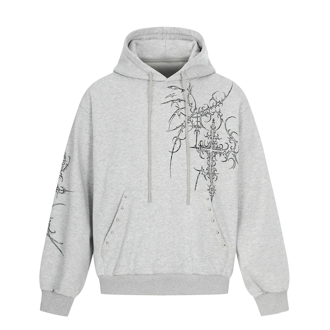 Herren Oversize Kapuzenpullover mit ornamentalem Kreuz‑Print und Nieten Shop Nory