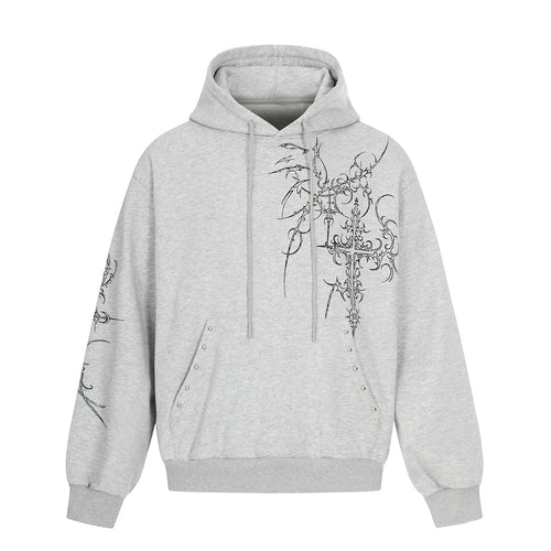 Herren Oversize Kapuzenpullover mit ornamentalem Kreuz‑Print und Nieten Shop Nory