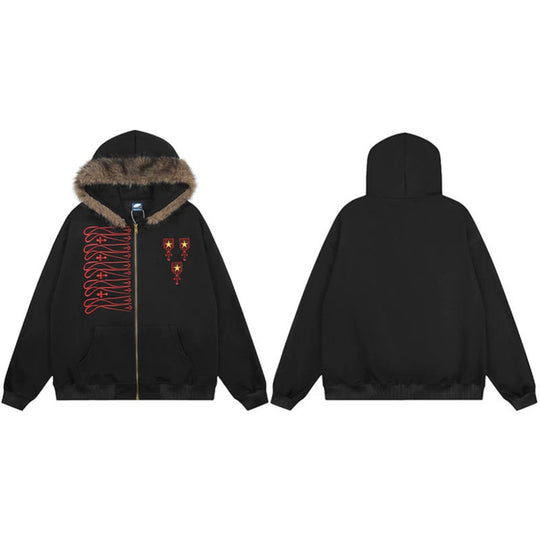 Unisex Kapuzen-Sweatjacke mit kunstfellbesetzter Kapuze, Reißverschluss und gestickten Abzeichen Shop Nory