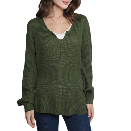 Damen Lockerer Feinstrick-Pullover mit V-Notch-Ausschnitt, Tailliertem Rippbund und Ballonärmeln Shop Nory