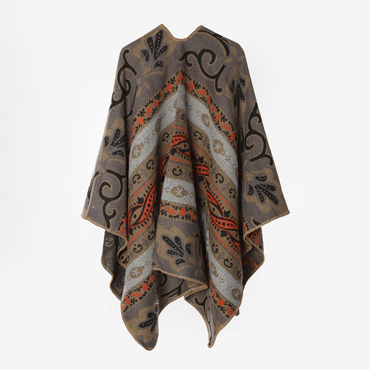 Damen Wohlfühl-Cape mit folklorem Jacquardmuster, offener Front und kontrastierter Kettelnaht Shop Nory