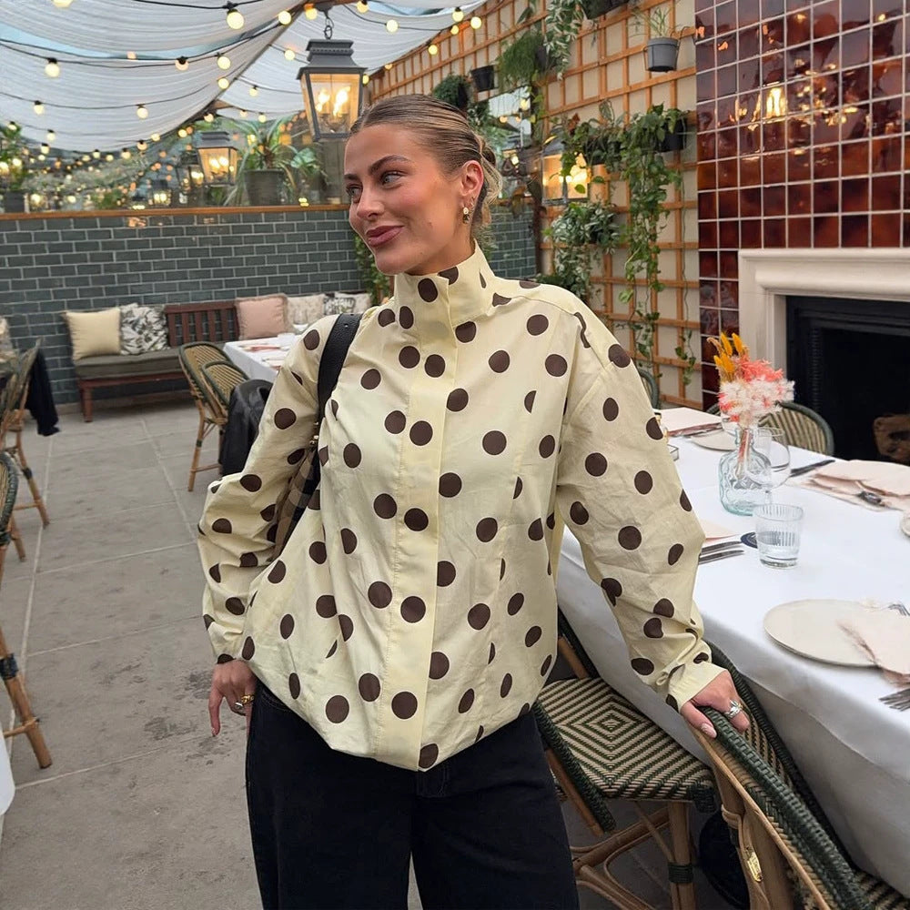 Damen Boxy Hemdjacke mit Stehkragen, Ballonärmeln und großem Polka‑Dot‑Print Shop Nory