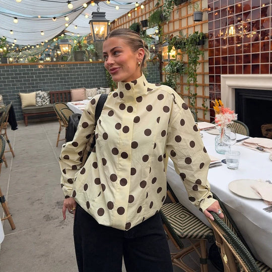 Damen Boxy Hemdjacke mit Stehkragen, Ballonärmeln und großem Polka‑Dot‑Print Shop Nory