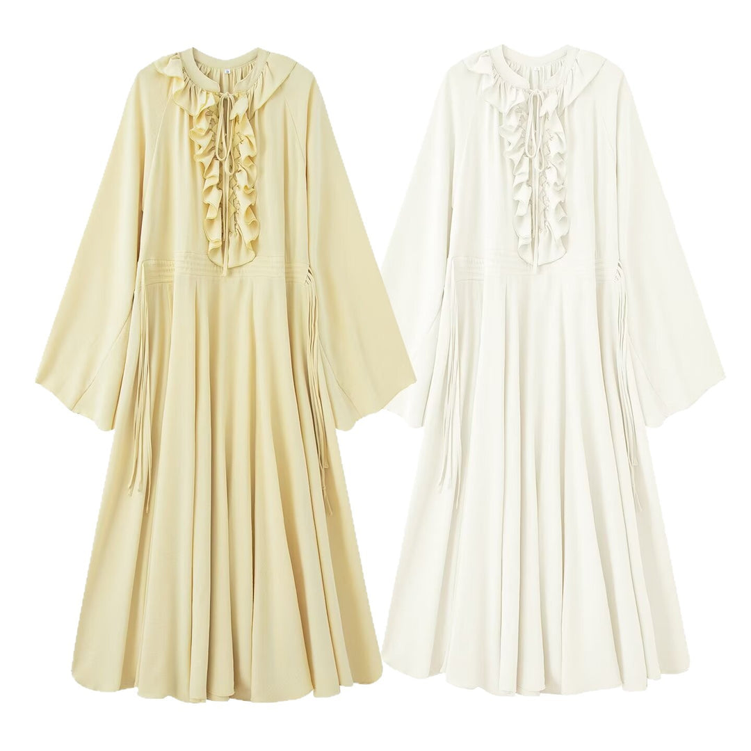 Damen Maxikleid mit Volants, Bindekragen und weitem Glockenärmel Shop Nory