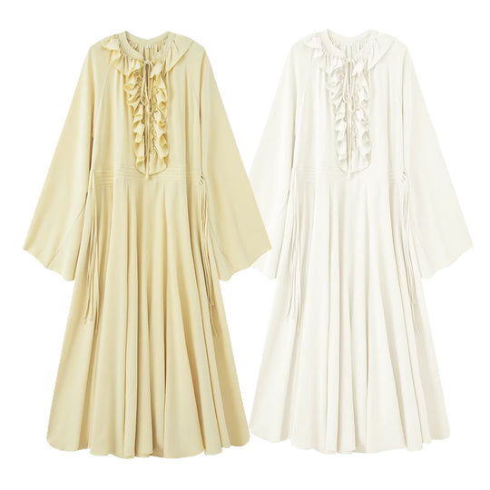 Damen Maxikleid mit Volants, Bindekragen und weitem Glockenärmel Shop Nory
