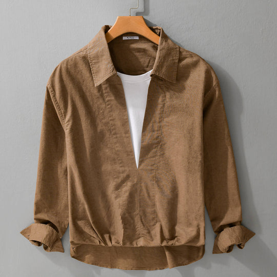 Herren Leichtes Leinen-Overshirt mit V-Ausschnitt, Hemdkragen und elastischem Saum Shop Nory