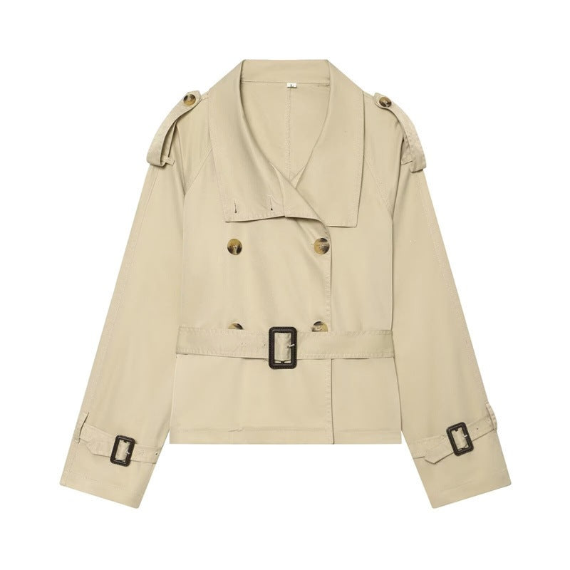Damen Kurzer Boxy-Trench mit Doppelreiher, Taillengürtel und Schulterklappen Shop Nory