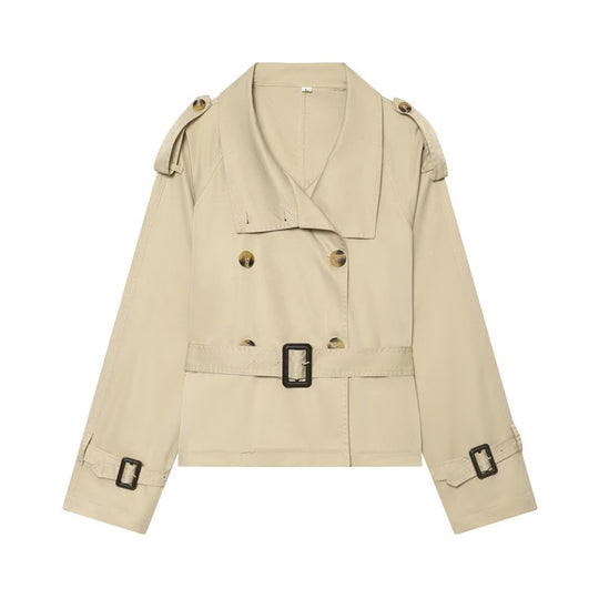 Damen Kurzer Boxy-Trench mit Doppelreiher, Taillengürtel und Schulterklappen Shop Nory