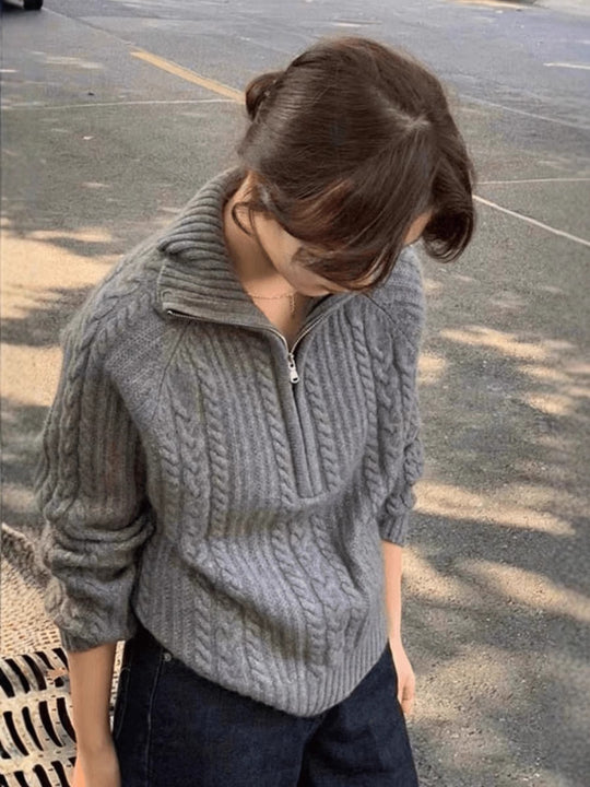 Damen Zopfstrick-Polokragenpullover mit Halbreißverschluss und weichem Mohair-Look Shop Nory