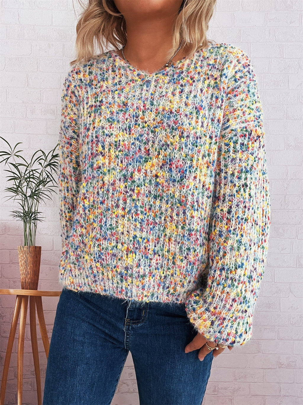 Damen komfortabler Strickpullover mit buntem Strukturmuster und weit geschnittenen Ärmeln