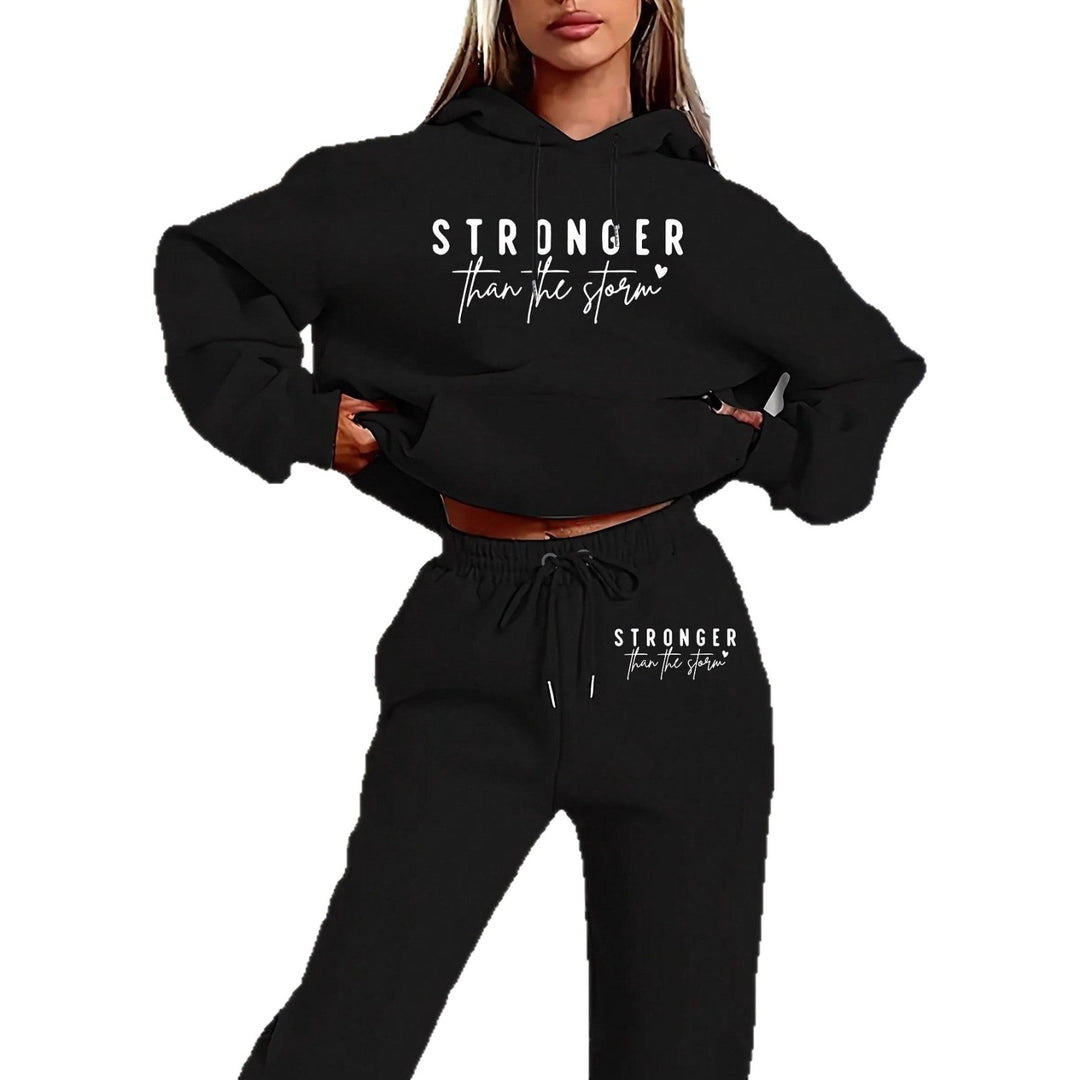 Damen nan Cropped-Hoodie und Jogginghose Set mit Statement-Print, Kängurutasche und elastischem Bund Shop Nory