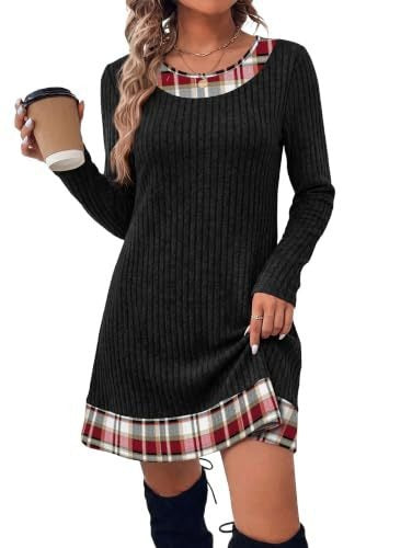 Damen Gerippte Longshirt‑Kleid mit Karierter Saum‑ und Ausschnittblende Shop Nory
