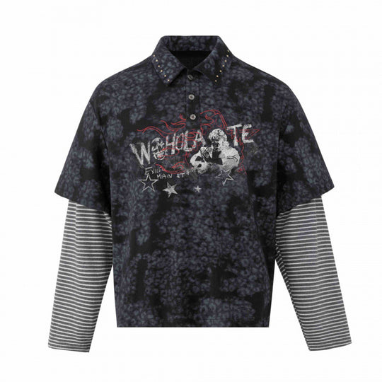 Unisex Lagen-Look Polo-Shirt mit Nietenkragen, Grafikprint und gestreiften Ärmeln Shop Nory