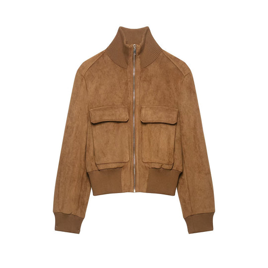 Damen kurzgeschnittene Wildleder-Bomberjacke mit hohem Rippkragen und Pattentaschen Shop Nory
