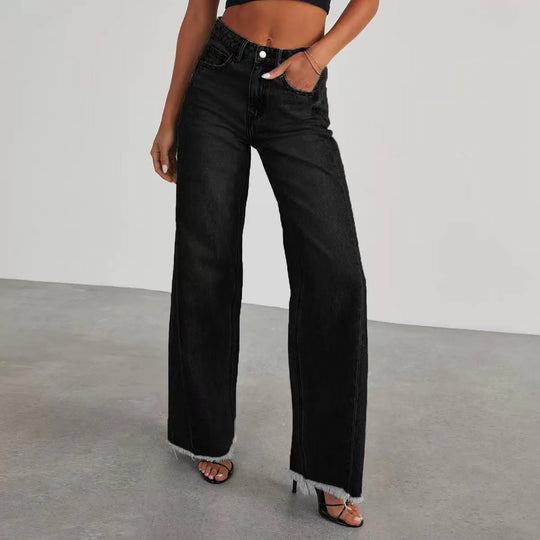Damen Hochbund-Jeans mit weitem Bein und ausgefranstem Saum Shop Nory