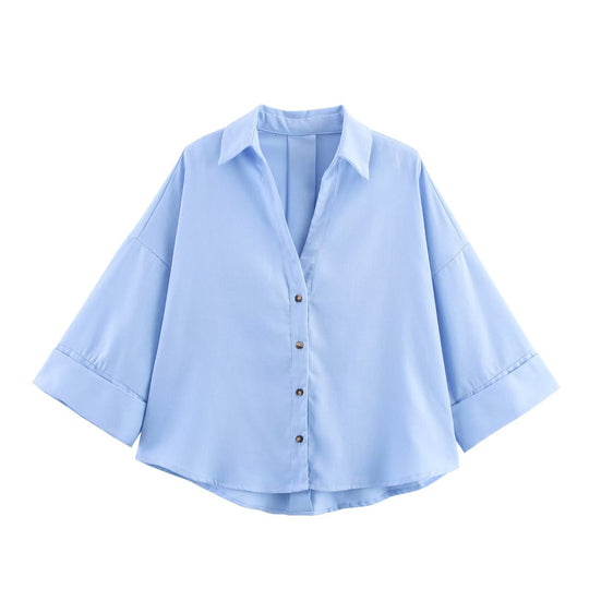 Damen nan lockere oversized Hemdbluse mit weitem Kragen und Dreiviertelärmeln Shop Nory