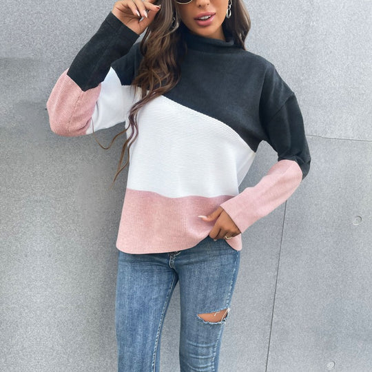 Damen Dreifarbiger Strukturstrick-Pullover mit Stehkragen und lässiger Oversize-Silhouette Shop Nory