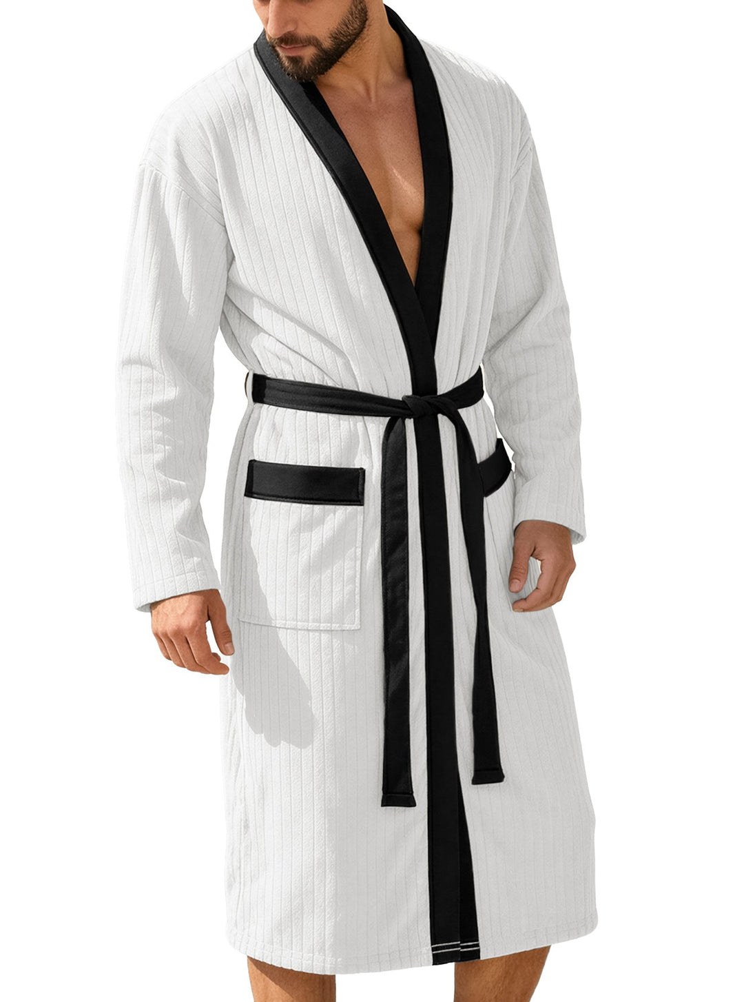 Herren nan wadenlanger Rippen-Bademantel im Kimono-Stil mit Schalkragen und Kontrastpaspel