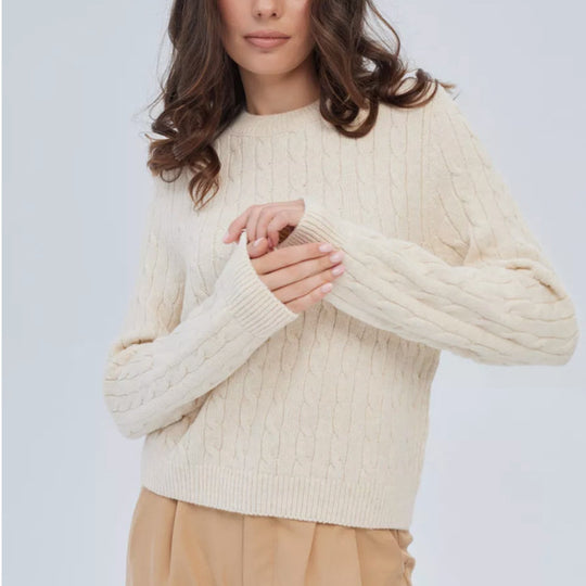 Damen Kabelstruktur‑Pullover im Zopfstrick mit Rundhalsausschnitt und nachhaltig weicher Wollmischung Shop Nory