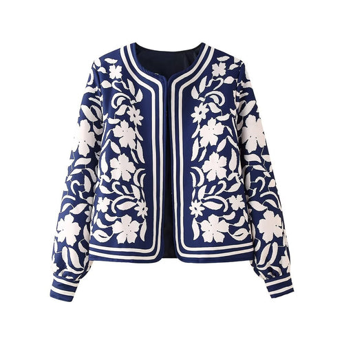 Damen Leichte Blousonjacke im floralen Muster mit Rundhals, Balloonärmeln und kontrastierenden Streifen Shop Nory