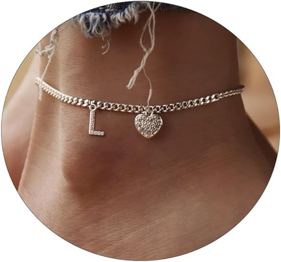 Damen Fußkettchen mit personalisiertem Buchstaben und funkelndem Herzanhänger Shop Nory