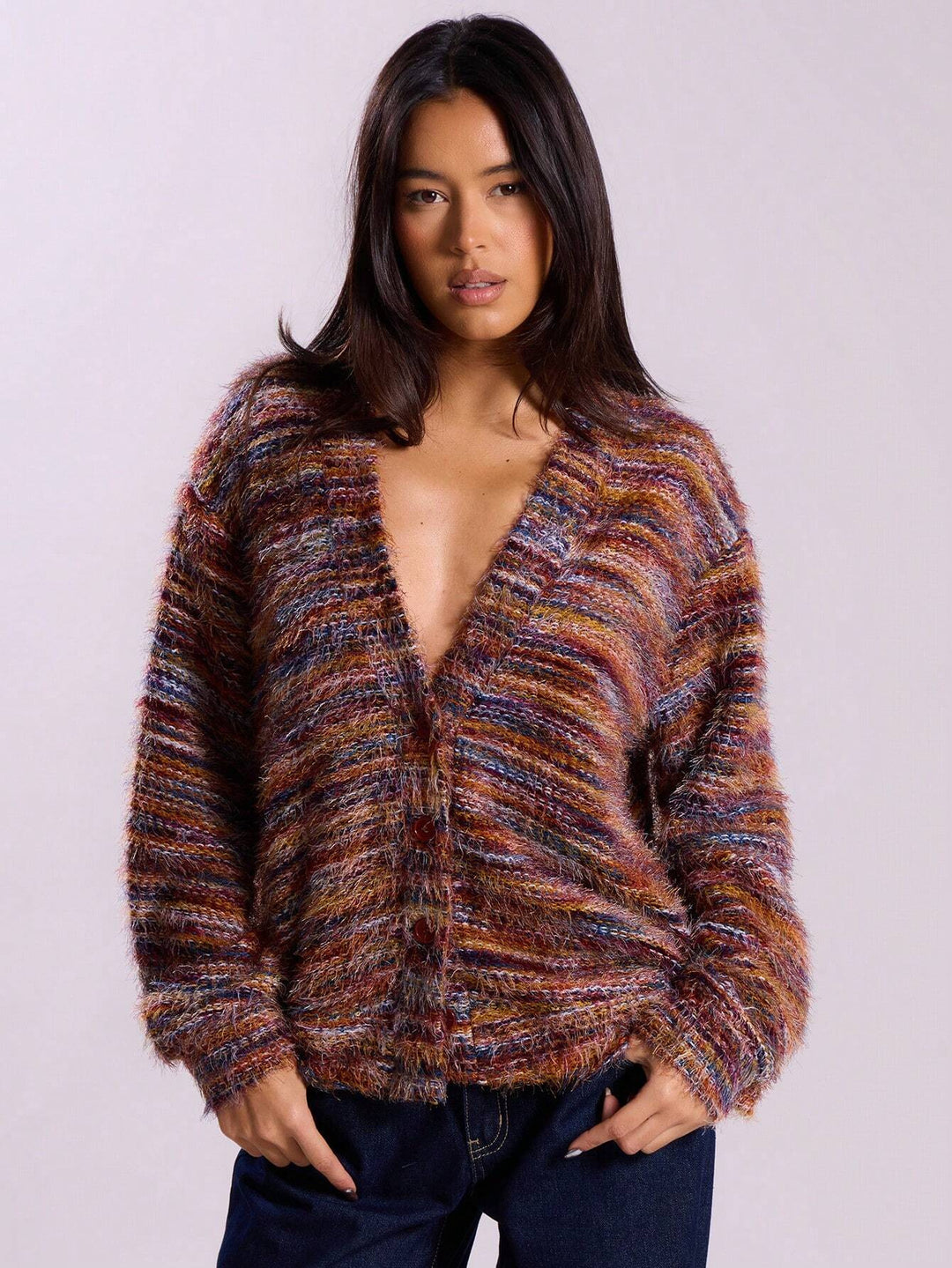Damen Oversize-Flauschpullover mit weitem Carmen‑Ausschnitt und melierter Strickstruktur Shop Nory