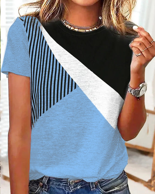 Damen Farbblock Langarmshirt mit schrägem Streifenmuster und Rundhalsausschnitt Shop Nory