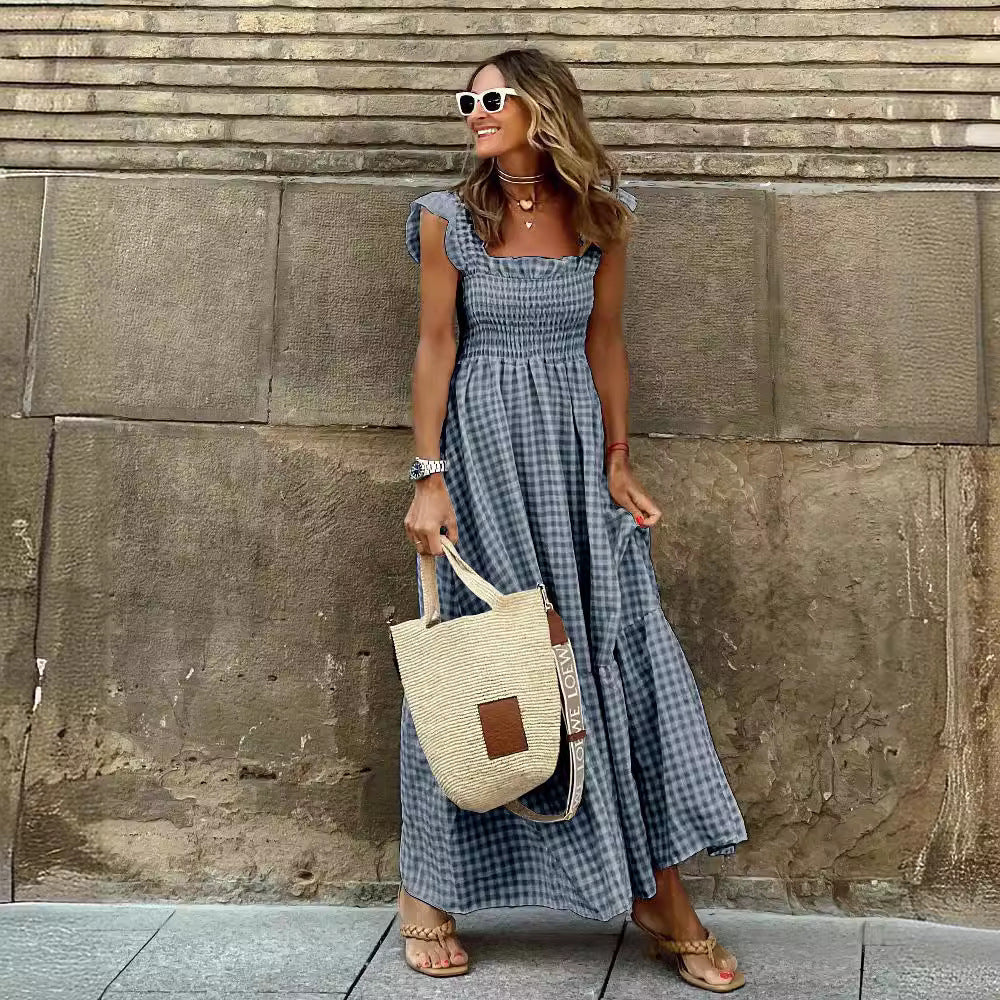Damen Maxikleid mit Rüschendetails und elastischem Taillenbund