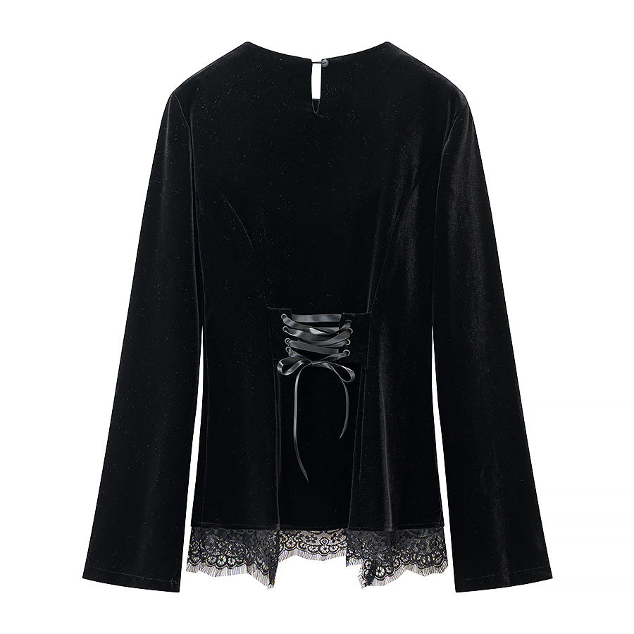 Damen Samtbluse mit Spitzen-Insert und asymmetrischem Spitzensaum Shop Nory