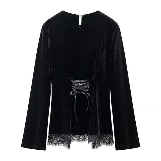 Damen Samtbluse mit Spitzen-Insert und asymmetrischem Spitzensaum Shop Nory