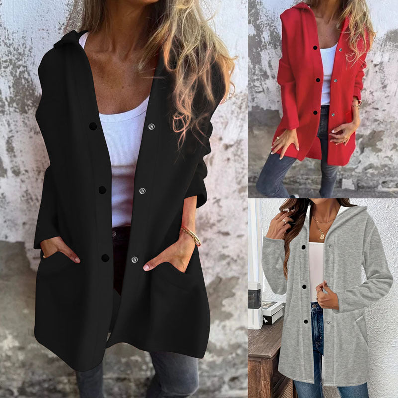 Damen Langer Kapuzen-Cardigan mit Druckknopfleiste, Eingrifftaschen und legerer Silhouette Shop Nory
