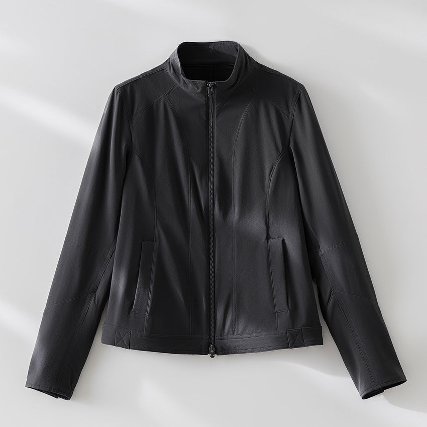 Damen schlichte taillierte Lederjacke mit Stehkragen und Zwei-Wege-Reißverschluss Shop Nory
