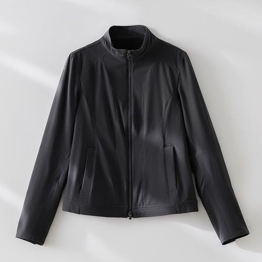 Damen schlichte taillierte Lederjacke mit Stehkragen und Zwei-Wege-Reißverschluss Shop Nory