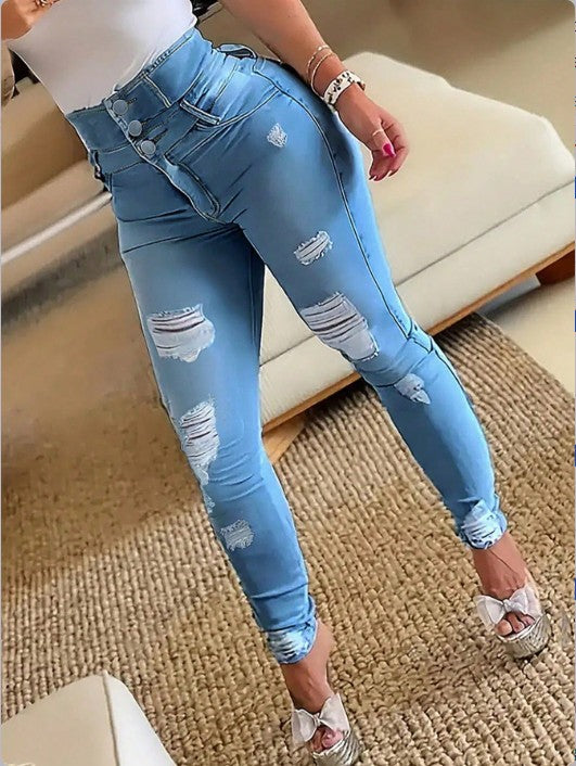 Damen Hochtaillierte Sculpting-Skinny-Jeans mit Rissen und Dreifachknopf Shop Nory