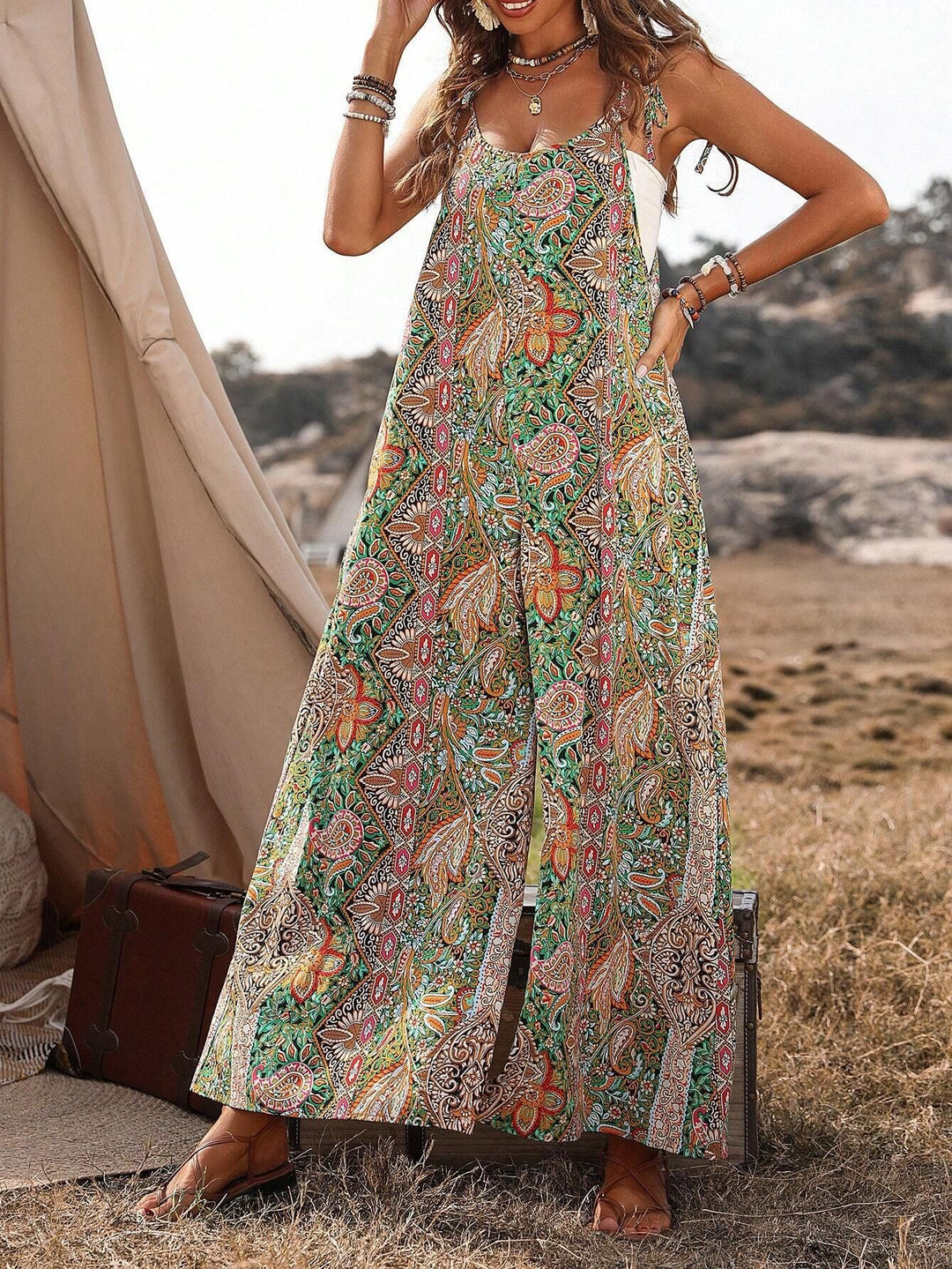 Damen Weiter Palazzo-Overall mit verstellbaren Trägern, Seitentaschen und Boho-Print Shop Nory