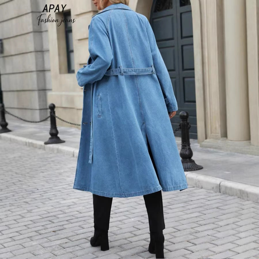 Damen Langer Denim-Trenchcoat mit Bindegürtel und Raglanärmeln Shop Nory