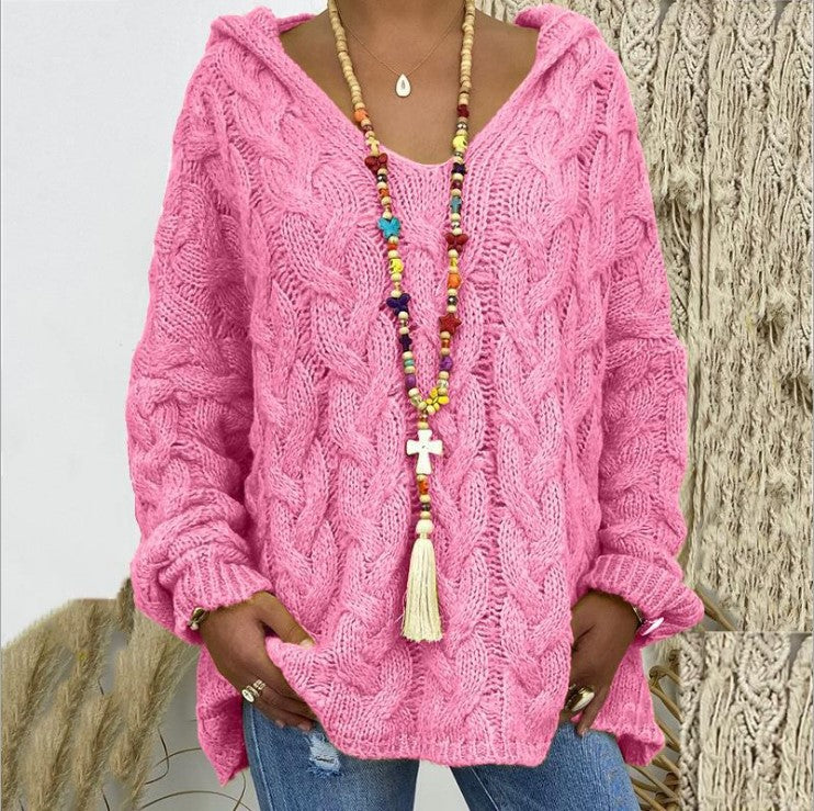 Damen nan oversized Kapuzenpullover mit Zopfmuster, tiefem V-Ausschnitt und seitlichen Schlitzen Shop Nory