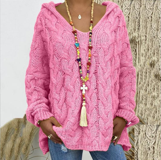 Damen nan oversized Kapuzenpullover mit Zopfmuster, tiefem V-Ausschnitt und seitlichen Schlitzen Shop Nory