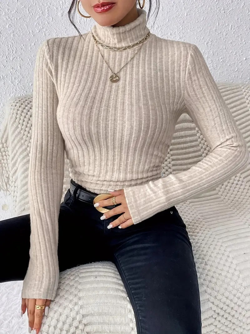 Damen Figurbetonter Rippstrick-Rollkragenpullover mit langen Ärmeln Shop Nory