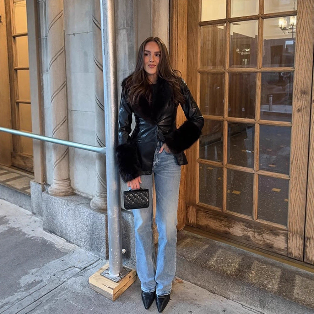 Damen Taillierter Lederimitat-Midimantel mit Wiener Nähten, voluminösem Faux‑Fur‑Schalkragen & Fellmanschetten Shop Nory